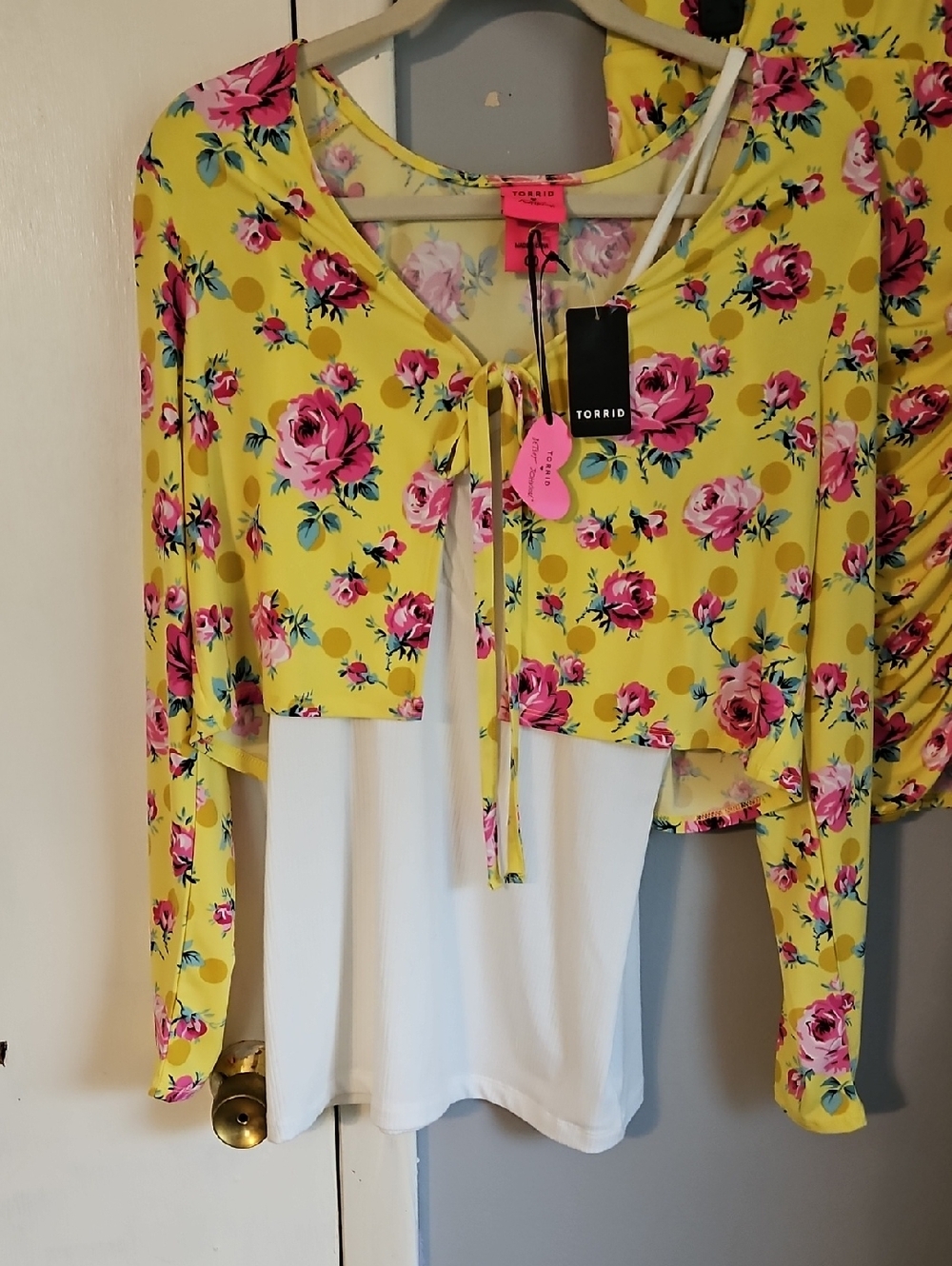 Betsey Johnson Yellow Floral Tie-Front Crop with White Tank